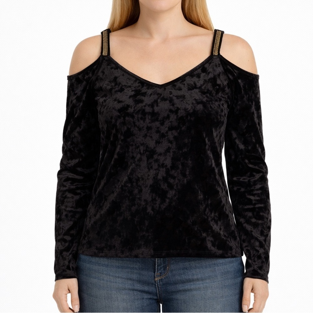 Melissa Paige Black Velvet Cold Shoulder Top - Size L‎